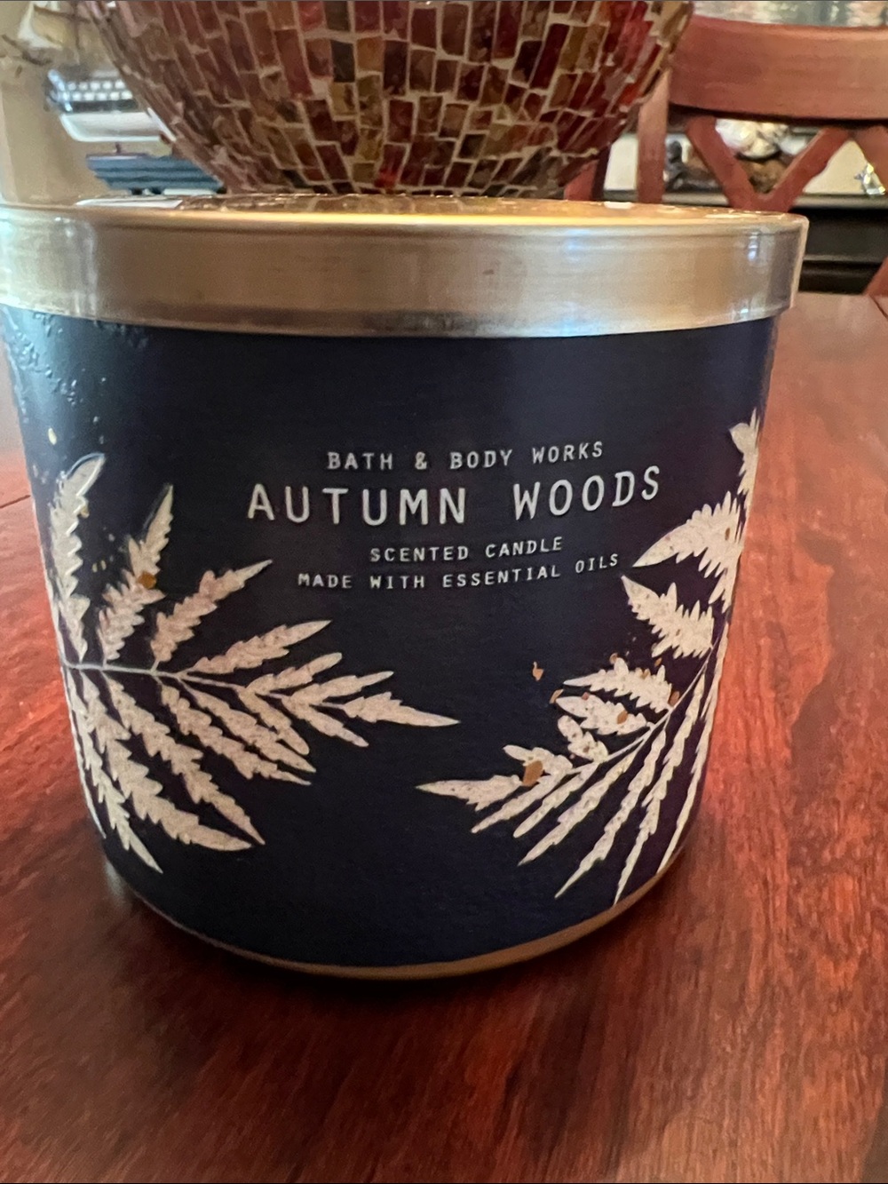 Bath & Body Works Autumn Woods Candle - Navy Blue with Gold Accents